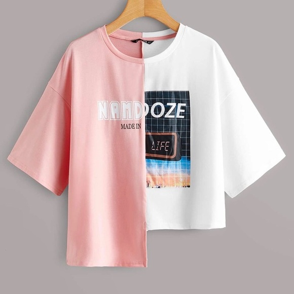 SHEIN Tops - SOLD SHEIN Colorblock Namdoze Graphic Step-Hem Tee
